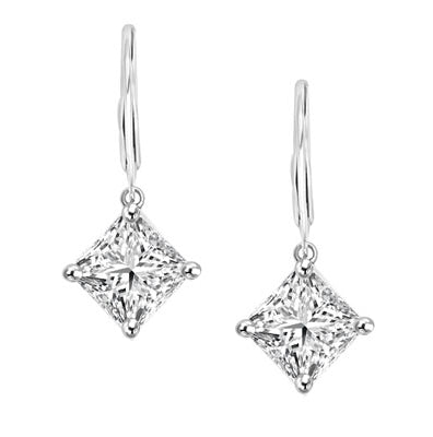 Diamond Essence Lever Back Earrings with Princess cut 8mm Masterpiece. The specially set 14k White Gold Earrings make for an impressive 4.0 Cts. T. W.