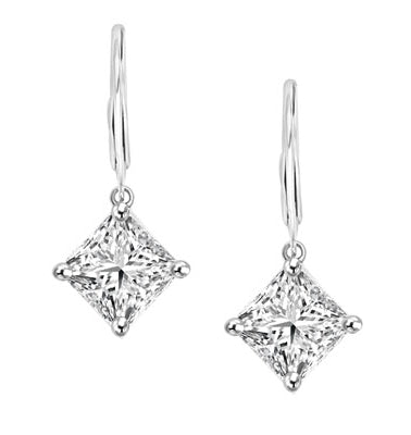 Diamond Essence Lever Back Earrings with Princess cut 8mm Masterpiece. The specially set 14k White Gold Earrings make for an impressive 4.0 Cts. T. W.