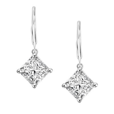 Diamond Essence Lever Back Earrings with Princess cut 8mm Masterpiece. The specially set 14k White Gold Earrings make for an impressive 4.0 Cts. T. W.