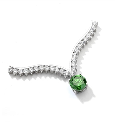 Supreme Necklace that is sure shot eye candy! 2.0 Cts. Round Emerald Essence Dangler atones a curvy melee of Round Brilliants set exquisitely in an Art Deco Setting! 3.50 Cts.T.W. attached with Chain in 14K Solid White Gold.