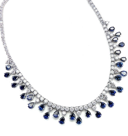 Diamond Essence dazzling Necklace, 16" long just perfect for any Occassion. 1.0 Ct. each Sapphire Essence stone dangling from Round Brilliant Diamond Essence stone. Appx. 75.0 cts.t.w. set in 14K Solid White Gold.