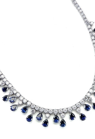 Diamond Essence dazzling Necklace, 16" long just perfect for any Occassion. 1.0 Ct. each Sapphire Essence stone dangling from Round Brilliant Diamond Essence stone. Appx. 75.0 cts.t.w. set in 14K Solid White Gold.