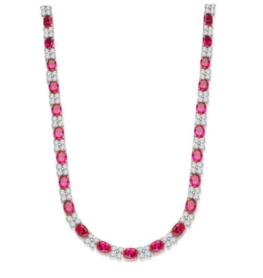 Diamond Essence Designer Necklace with 1.25 cts. Oval cut Ruby Essence and Round Brilliant Diamond Essence Stones. Appx. 72.00 Cts. T.W. set in 14K Solid White Gold.