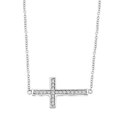 East-West Cross Necklace with 16" long attached chain and 0.25 ct.t.w. Diamond Essence Melee, 14K Solid White Gold.
