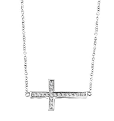 East-West Cross Necklace with 16" long attached chain and 0.25 ct.t.w. Diamond Essence Melee, 14K Solid White Gold.