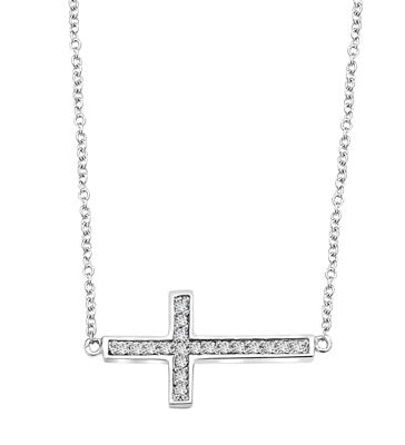 East-West Cross Necklace with 16" long attached chain and 0.25 ct.t.w. Diamond Essence Melee, 14K Solid White Gold.
