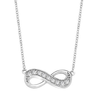 Infinity Necklace with 0.45 ct.t.w. Round Brilliant Diamond Essence stones on 16" long, 14K Solid White Gold chain.
