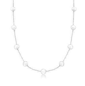 Diamond Essence 18 Inch Long Nine Station Necklace With 4.2mm Each Pearl in 14K White Gold Chain.