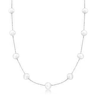 Diamond Essence 18 Inch Long Nine Station Necklace With 4.2mm Each Pearl in 14K White Gold Chain.
