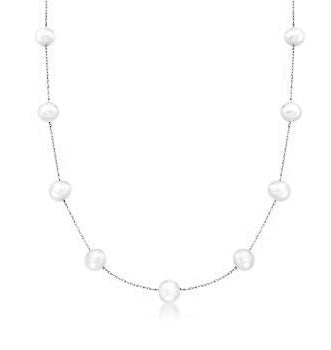 Diamond Essence 18 Inch Long Nine Station Necklace With 4.2mm Each Pearl in 14K White Gold Chain.