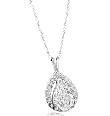 Amazingly designed Pendant with 3.50 Cts. Pear Cut Center and Melee, 4.0 Cts. T.W. in 14K Solid White Gold.
Free Silver Chain Included.