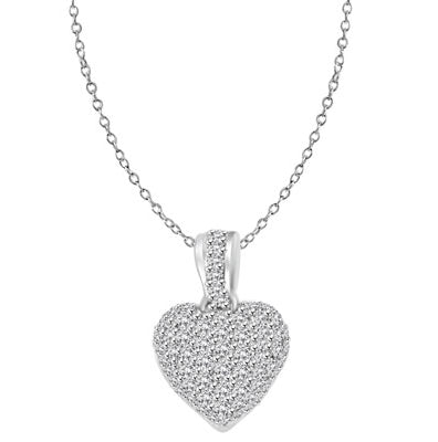 Craftman's delight Heart Pendant with micro pave set Diamond Essence accents shining your love like never before. There are tiny accents on the bale to highlight the overall glory effect. 2.5 Cts. T.W. set in 14K Solid White Gold.