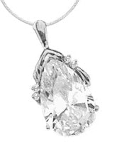14K Solid White Gold Pendant, 18 Carats T.W., with Pear Cut jewel and four Melee accents.The Pear cut stone is 22x44mm.In the back the bail has a snap on so that it can be worn as Pearl Enhancer on a Pearl Necklace.