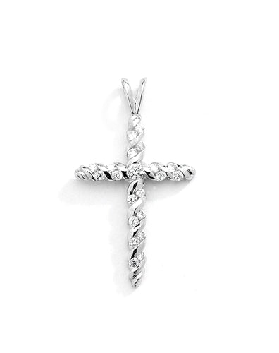 Diamond Essence round stones set in spiral gold twists to make this beautiful cross pendant. 0.45 ct.t.w. in White Gold.