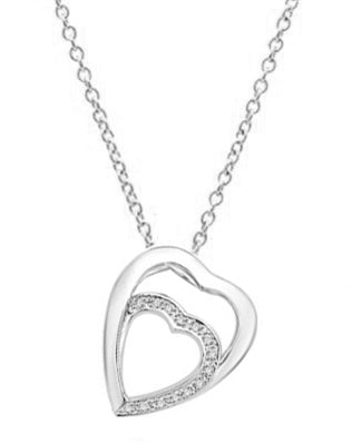 14K Solid Gold pendant with two hearts as one. The larger heart gleams protectingly. The smaller heart nestled lovingly inside flutters with a beautifully bedecked melee of Diamond Essence masterpieces.