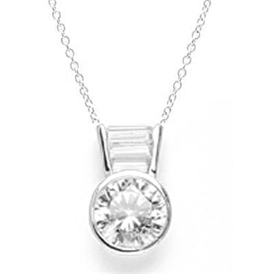 Diamond Essence Slide Pendant with 3.0 ct Round stone and Baguettes, 3.5 ct.tw. in 14K Solid White Gold.
Free Silver Chain Included.