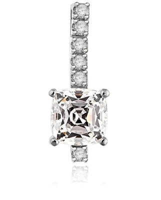 Elegant Pendant with 3.0 Cts. Cushion cut Diamond Essence in four prong setting, with Round Brilliant Stones set on a bar. 4.0 Cts.T.W. in 14K Solid White Gold.