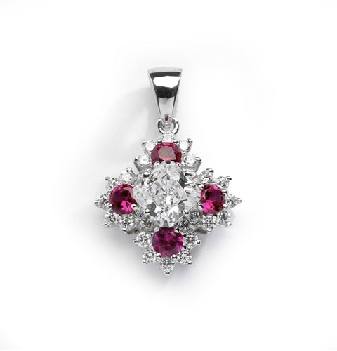 Designer Pendant with Asscher cut Diamond Essence in center surrounded by Floral designs created with Round Ruby Essence and Melee. 6.0 Cts. T.W. set in 14K Solid White Gold.