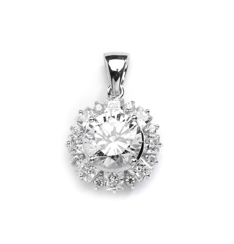 Designer Pendant with 4.0 Cts Round Brilliant Diamond Essence in center surrounded by alternately set in Princess and Melee. 7.25 Cts T.W. in 14K Solid White Gold.