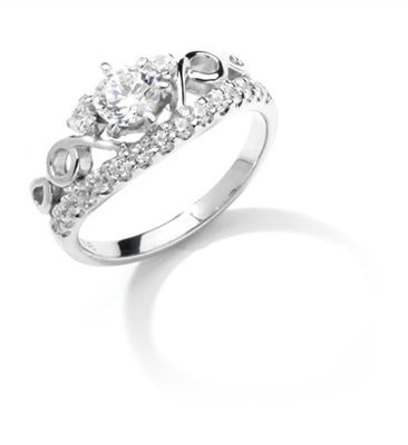 Prong Set Artistic Ring with Simulated Round Brilliant Diamonds by Diamond Essence set in 14K Solid White Gold