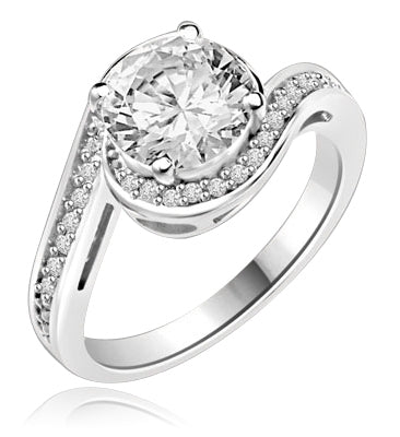 Diamond Essence Round Brilliant stone 2.0 ct set in four prongs and surrounded by round melee artistically set in curved band of 14K Solid White Gold.