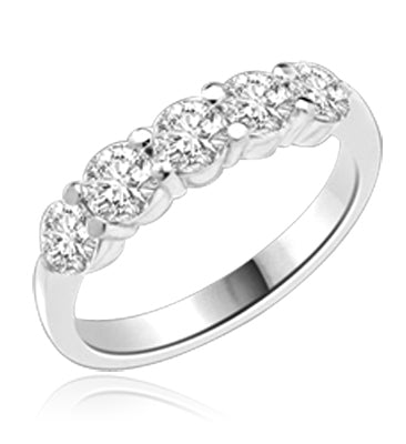 Diamond Essence Round Brilliant stones, 0.25 ct each, 5 stones in a row with delicate prong setting. 1.25 cts.t.w. in 14K Solid White Gold.