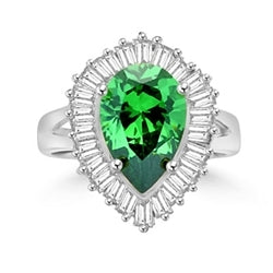 Ballerina Ring- 3.0 Carats Emerald Essence Pear surrounded by pirouetting smaller jewels. Will have them on their toes-and you calling the tune, 3.8 cts t.w. in 14K Solid White Gold.