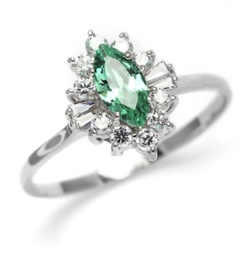 Honeysuckle Rose - 1 Ct. Marquise Cut Emerald Essence Center stone with Baguettes and Round Accent Masterpieces. 1.3 Cts. T.W. set in 14K Solid White Gold.