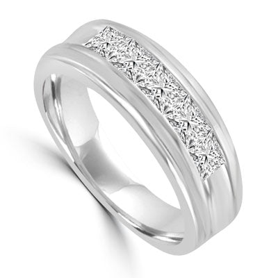 Five square cut stones set in a row in 14K Solid White Yellow Gold man's ring. 1.0 ct.t.w.