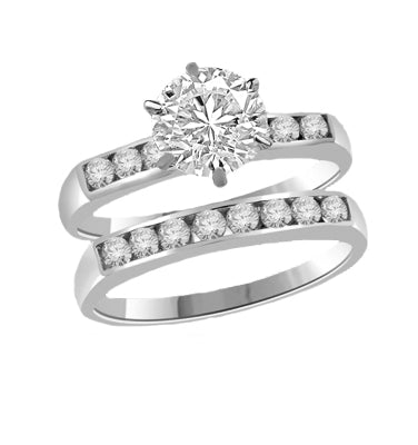 Beautiful wedding set. 1.0 carat Diamond Essence set in six prongs setting, and small round brilliant melee set in channel setting, on both the bands.2.25 cts.t.w. in 14K Solid Gold.