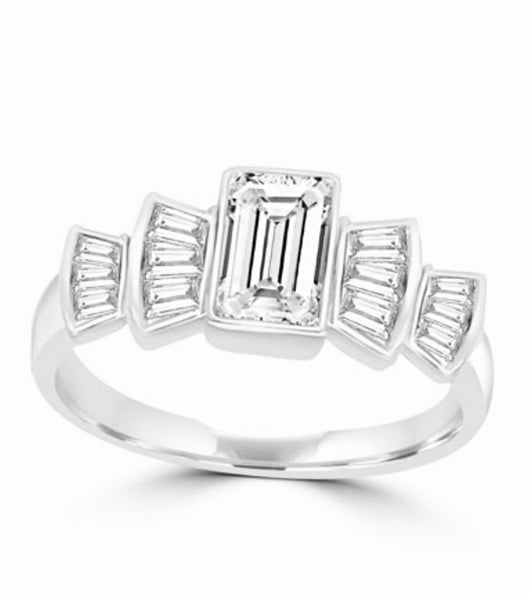 Helene - Beautiful Ring with 1.0 Ct. Emerald Cut Center accentuated with Baguette Masterpieces, 2.75 Cts. T.W, in 14K White Gold.