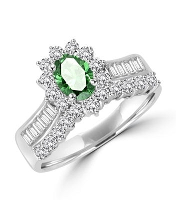 Toccata - Simply Elegant Ring, with a 1.0 Ct. Oval Emerald Center Stone and Accents.You will show them what you can do! 2.0 Cts. T.W. set in 14K Solid White Gold.
