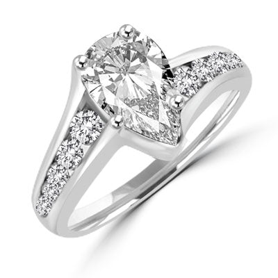 La Jolla. 2.0 Cts. t.w. in all, with 1.5 carat Pear cut Diamond Essence center stone, and 0.50 ct. Diamond Essence melee lighting up each side. set in 14K Solid White Gold.