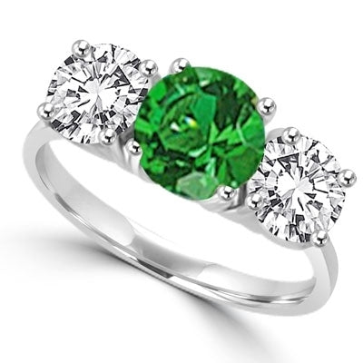 solid white gold Ring round emerald and brilliant side stones