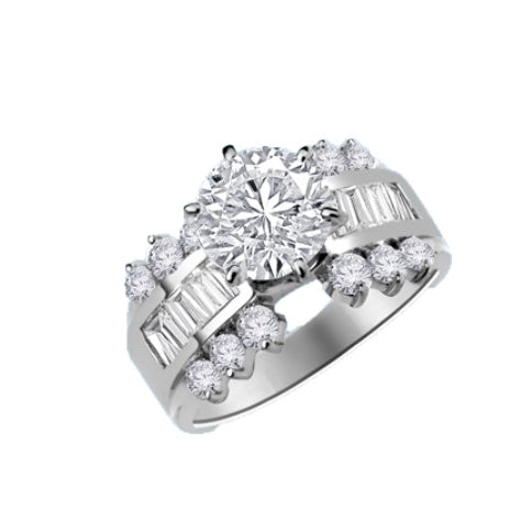 round stone ang baguettes white gold ring