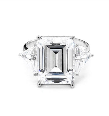 Designer Ring with 13.0 cts. Diamond Essence in center and triangle stones on each side. 21.0 Cts. T.W. set in 14K Solid White Gold.
