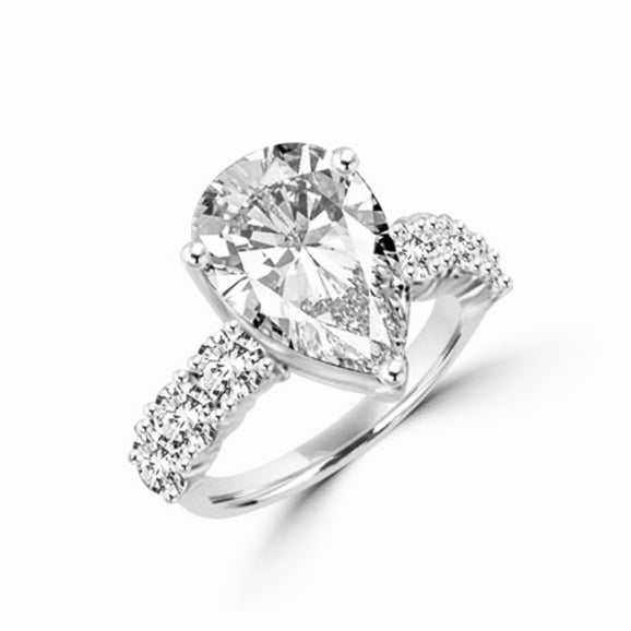 Prong Set Designer Ring with Artificial Pear Cut Diamond and Round Brilliant Melee by Diamond Essence set in 14K Solid White Gold