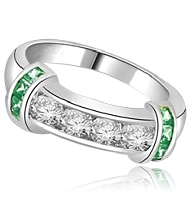 Brilliant channel-set Diamond Essence diamonds with a bar of Princess cut Emerald Essence on either side. 1.35 cts. T.W. set in 14K Solid White Gold.