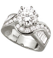 Diamond Essence Designer Ring With 2 Cts. Round Brilliant Set In Six Prongs And Brilliant Channel Set Baguettes And Melee On The Band In 14K White Gold, 4 Cts.T.W.