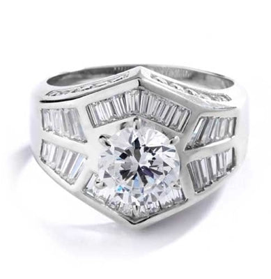 Classic cocktail ring, with 2 carat center stone in six pongs setting. Channel set baguettes set artistically, and round melee on band makes it perfect party wear. 4.5 ct.t.w. in 14k Solid White Gold.
