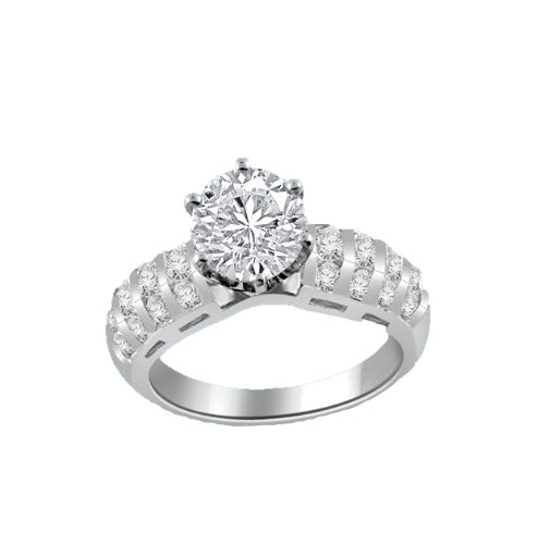 Our Destiny is a Classic Ring with a 2 Ct. Round Brilliant Diamond Essence Center stone and a melee of Channel Set Mini Essences frolicking down the band. 3 Cts. T.W, in 14K White Gold.