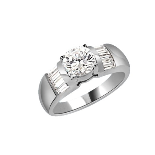 Classic ring with 1 carat Diamond Essence round brilliant with baguettes on each side. 2.0 cts.t.w. in 14K Solid White Gold.
