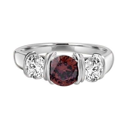 Diamond Essence designer ring with 1.0 ct. Chocolate Essence center and 0.5 ct. Round Brilliant stones on each side, 2.0 cts. T.W. set in 14K Solid White Gold.