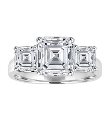 Three Stone Ring - 2.0 Carat Asscher Cut Diamond Essence Stone in the center and 0.5 carat Asscher Cut Diamond Essence stones on each side.3.0 cts. t.w.
