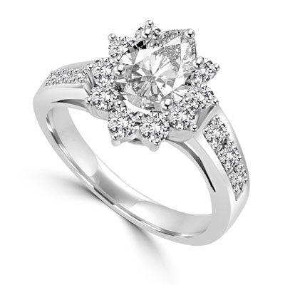 Wide Band Flower Ring sparkles with 1.5 Cts. Oval Center and Round Brilliant Accents and Melee on the band. In 14k Solid White Gold.