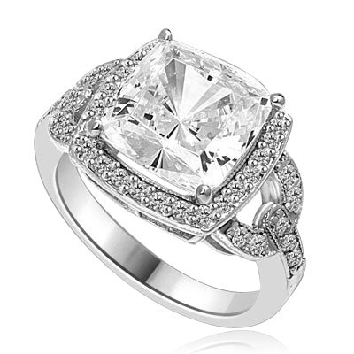 Diamond Essence designer ring 4.0 cts. Cushion cut Diamond essence set high in the center with melee around and on the band. 4.5 cts.t.w in 14K Solid Gold.