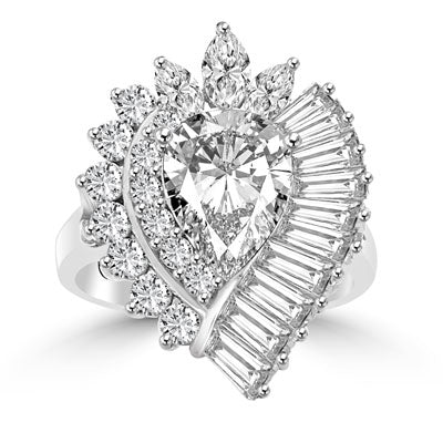 Prong Set Cocktail Ring with Artificial Pear and Marquise Cut Diamonds, Baguettes and Round Brilliant Melee by Diamond Essence set in 14K Solid White Gold