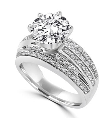 Diamond Essence 3 Cts. Round Brilliant Center Stone In Six Prongs Setting And Delicate Melee In Five Rows, 3.50 Cts.T.W. In 14K Solid Yellow Gold.