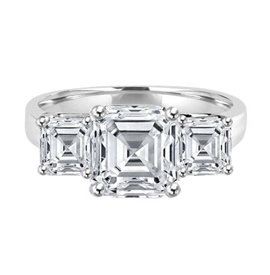 Three Stone Ring - 3.0 Carat Asscher Cut Diamond Essence Stone in the center and 0.5 carats Asscher Cut Diamond Essence stones on each side.4.0 cts. t.w.
​