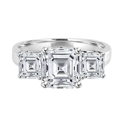 Three Stone Ring - 3.0 Carat Asscher Cut Diamond Essence Stone in the center and 0.5 carats Asscher Cut Diamond Essence stones on each side.4.0 cts. t.w.
​